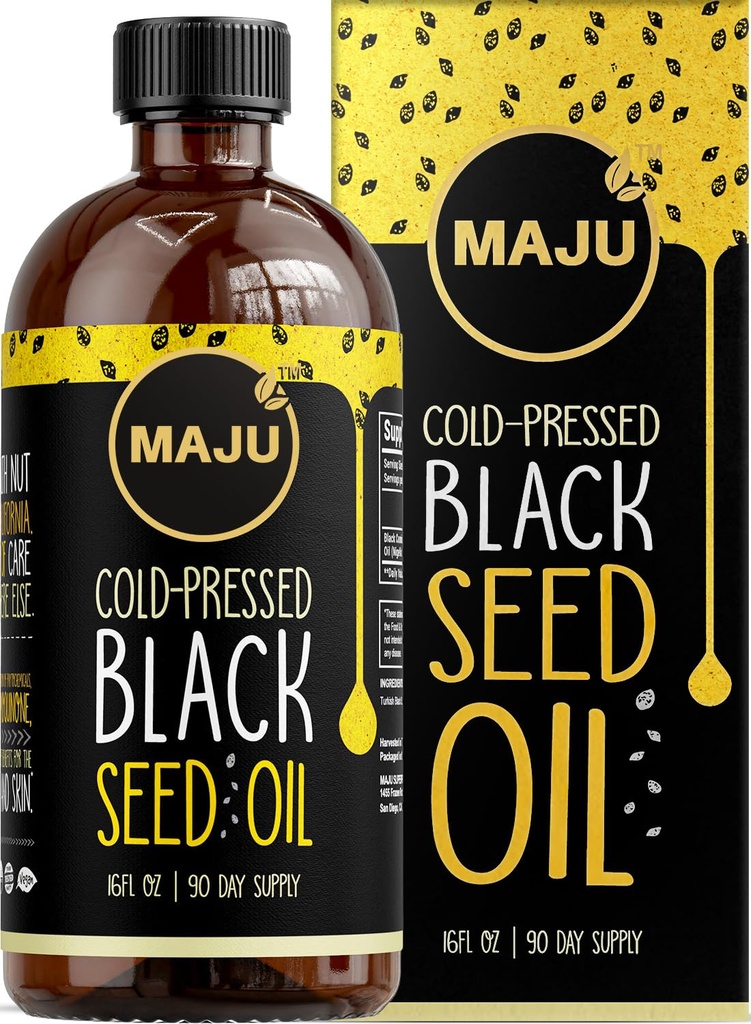 Huile de graine noire de MAJU 16oz: 3X Thymoquinone, pressé à froid, 100 % huile de graine de cumin noir de Nigella sativa (meilleure que biologique), non-OGM, 100 % huile pure de grain noir liquide, bouteille de verre