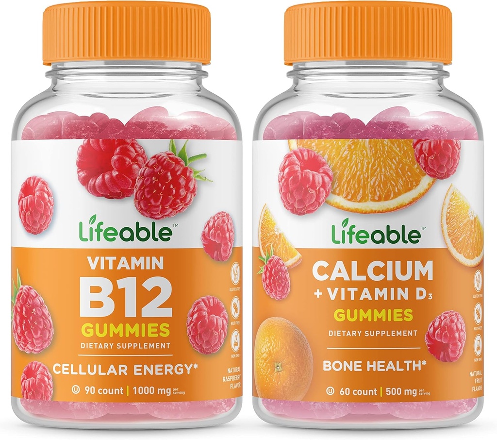 Vitamine vivante B12 + Calcium avec vitamine D, Gummies Bundle - Grande dégustation, supplément de vitamine, sans gluten, sans OGM, à mâcher