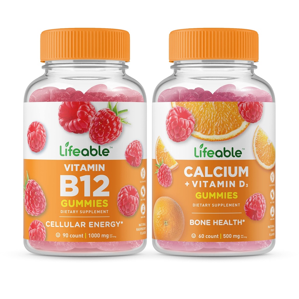 Vitamine vivante B12 + Calcium avec vitamine D, Gummies Bundle - Grande dégustation, supplément de vitamine, sans gluten, sans OGM, à mâcher