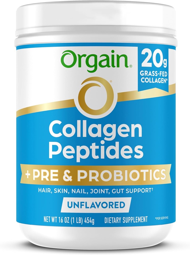 Orgain Hydrolyzed Collagen Peptides + poudre prébiotique et probiotique pour les femmes et les hommes, 20g Herbage Fed Collagen, 1 milliard CFU - soutient la santé digestive, cheveux, peau et articulations, non-OGM, type I & III, 1lb