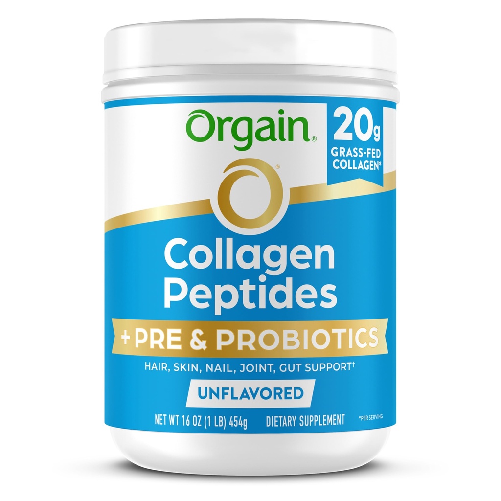 Orgain Hydrolyzed Collagen Peptides + poudre prébiotique et probiotique pour les femmes et les hommes, 20g Herbage Fed Collagen, 1 milliard CFU - soutient la santé digestive, cheveux, peau et articulations, non-OGM, type I & III, 1lb