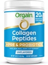 Orgain Hydrolyzed Collagen Peptides + poudre prébiotique et probiotique pour les femmes et les hommes, 20g Herbage Fed Collagen, 1 milliard CFU - soutient la santé digestive, cheveux, peau et articulations, non-OGM, type I & III, 1lb