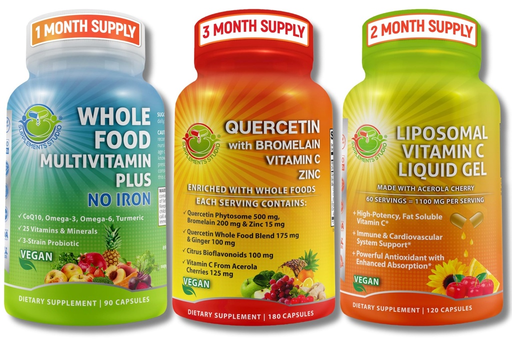 Ensemble de soutien du système immunitaire – Quercetine avec Bromelain + Vitamine liposomique C 1100mg Gel liquide + Multivitamine alimentaire entière sans fer – Soutien quotidien antioxydant, respiratoire et immunitaire