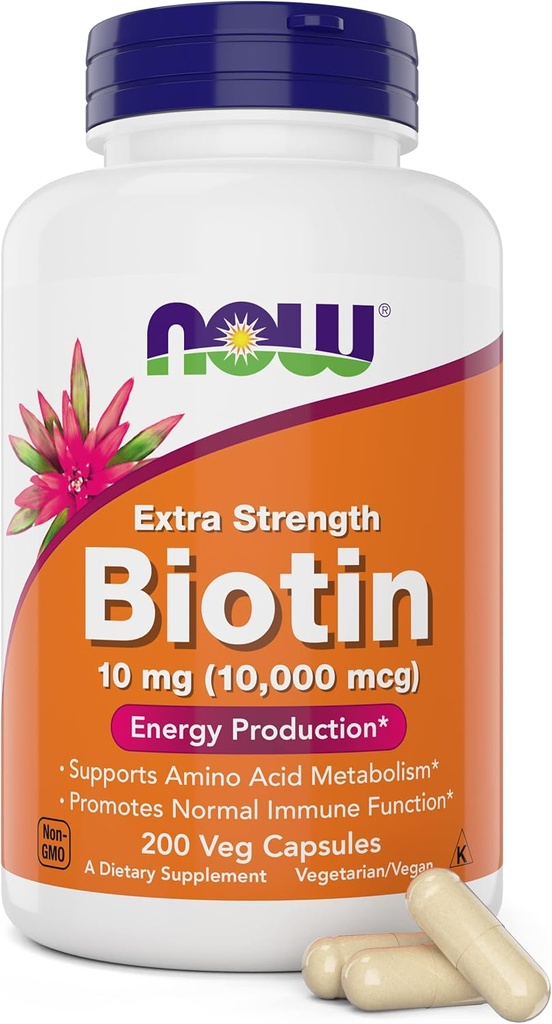 MAINTENANT Aliments Biotine Extra Strength 10 000mcg / 10 mg - 200 Compte - Cheveux, peau, ongles - Supplément pour les hommes et les femmes - B7 Vitamine - Végétarienne, Végétarienne, Non-OGM