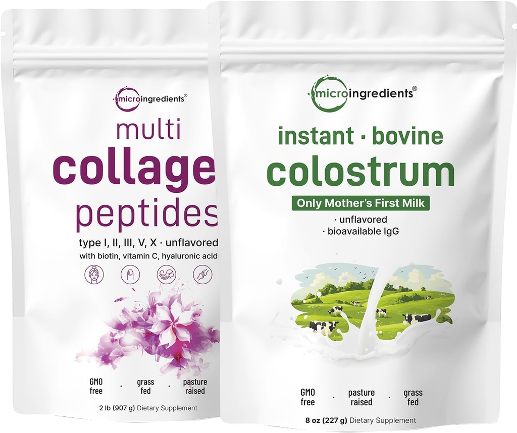 Micro Ingredients Multi Collagen Protéine Poudre 2 Pounds & Instant Colostrum Powder Bundle 2 Pack de Peptides de Collagène Herbacés