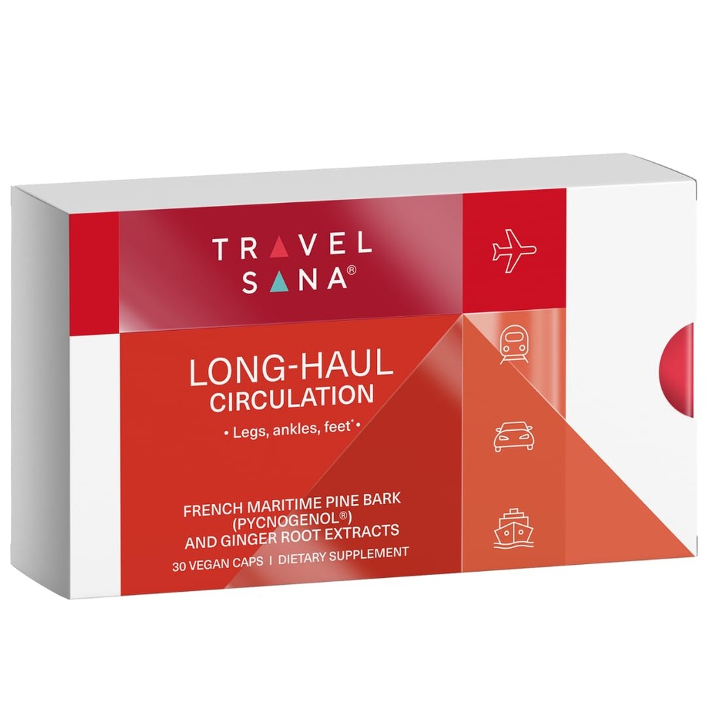 Long-Haul Circulation Soulage l'inconfort des jambes, réduit les pieds de loup, les jambes, les chevilles de assis prolongé, les essentiels de voyage, Pycnogenol 100mg, Extrait de gingembre, 30 portions (capsules de Veg)