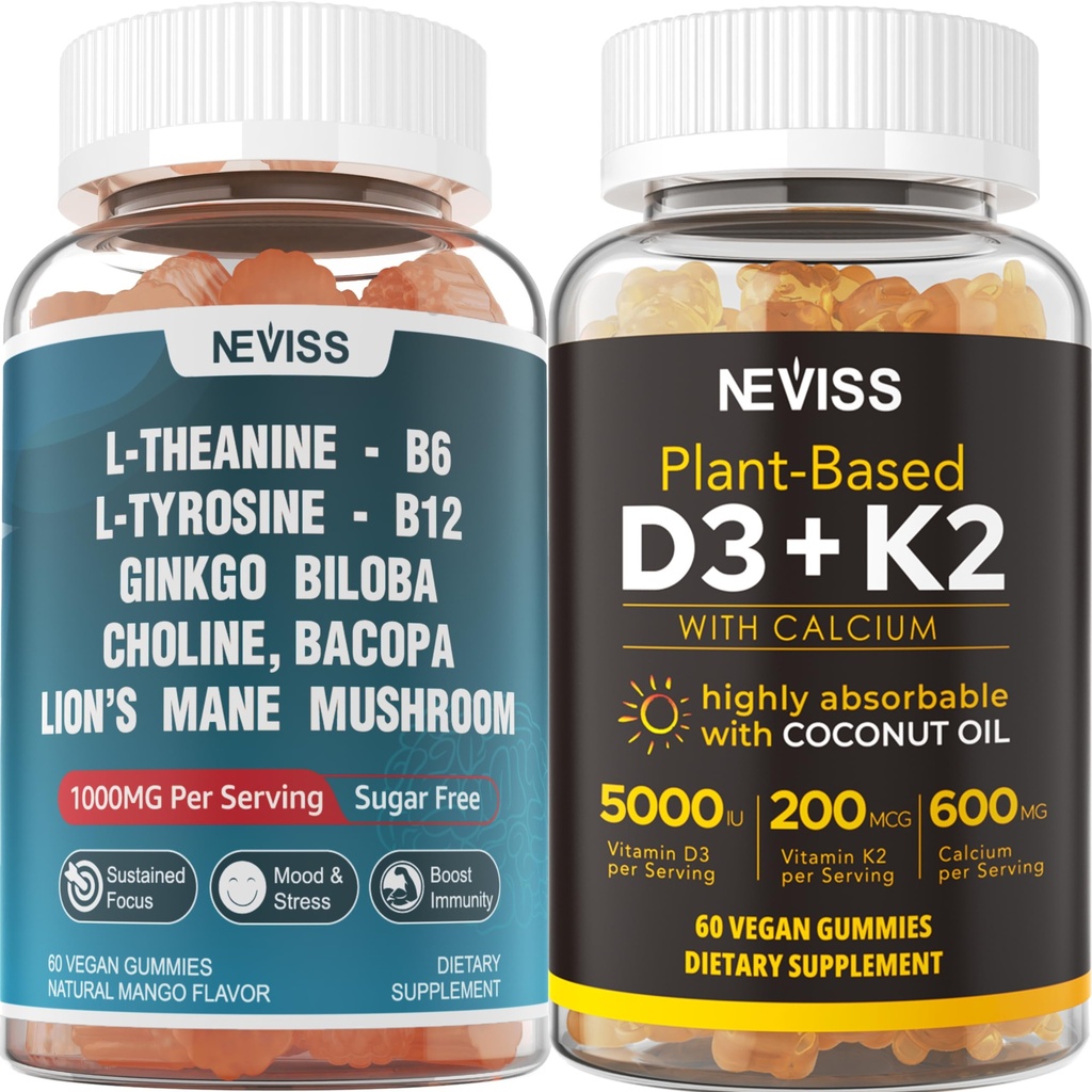 NEVISS Sans sucre L-Tyrosine L-Gommies Theanines 120 Nombres + Sans sucre D3 5000IU K2 Gommies 120 Nombres
