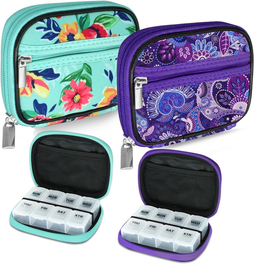 Serfeymi hebdomadaire Pill Organizer Pill Case for Purse with Amovible 7 Day Pill Box, Modeable Travel Medicine Organizer Pill Container for Medicine, Vitamine, Supplément - Vert 01 + Violet 01