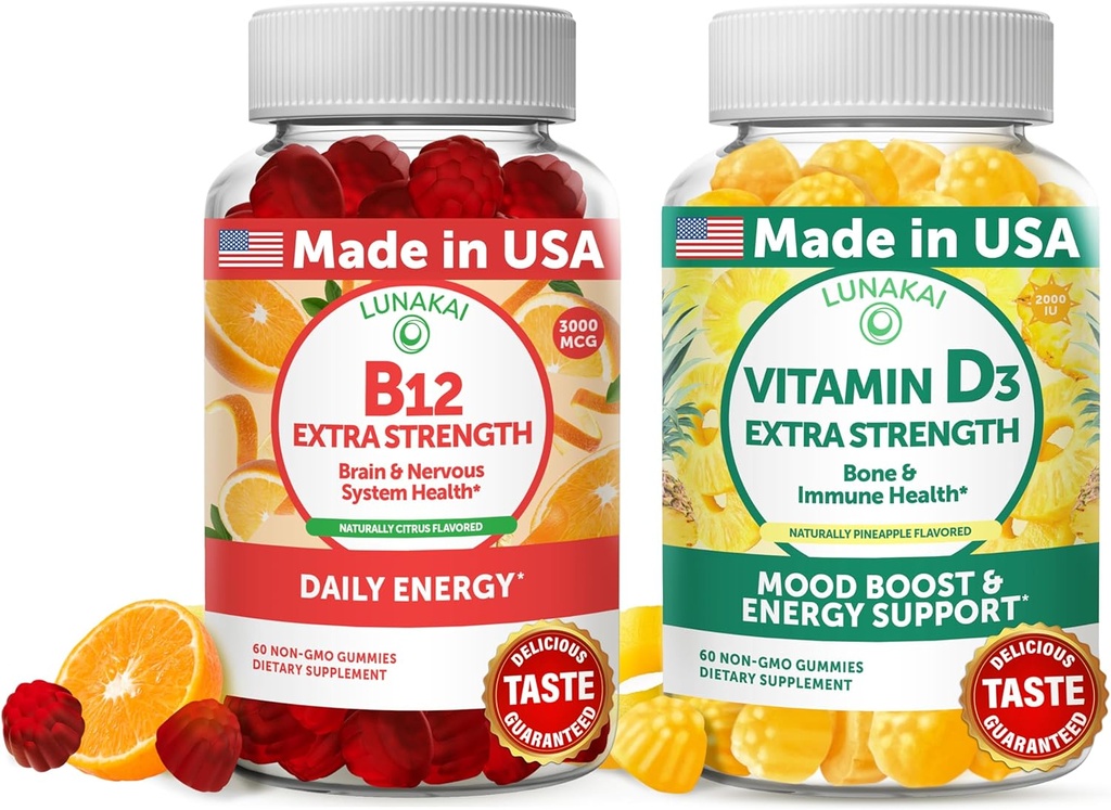 Lunakai Vitamine B12 et vitamine D3 Gommies - 3000 mcg B12 et 25 mcg 1000 UI VIT D3 - Sans gluten, sans sirop de maïs, biologique, sans OGM, sans gélatine végétale