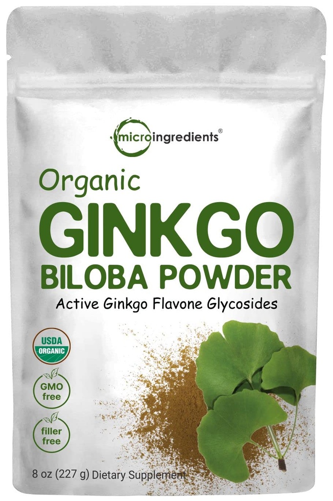 Micro-ingrédients Ginkgo Bio Biloba poudre, 8 once (18 mois d'approvisionnement), sans remplissage, soutient la fonction cérébrale et l'alerte mentale, aucun OGM et végétalien amical