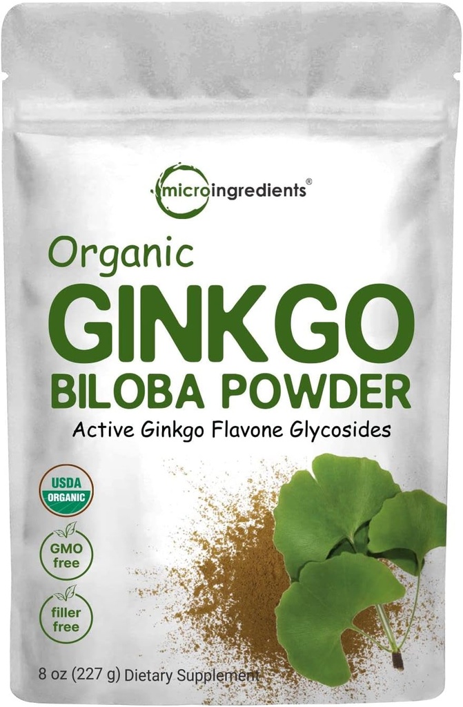Micro-ingrédients Ginkgo Bio Biloba poudre, 8 once (18 mois d'approvisionnement), sans remplissage, soutient la fonction cérébrale et l'alerte mentale, aucun OGM et végétalien amical