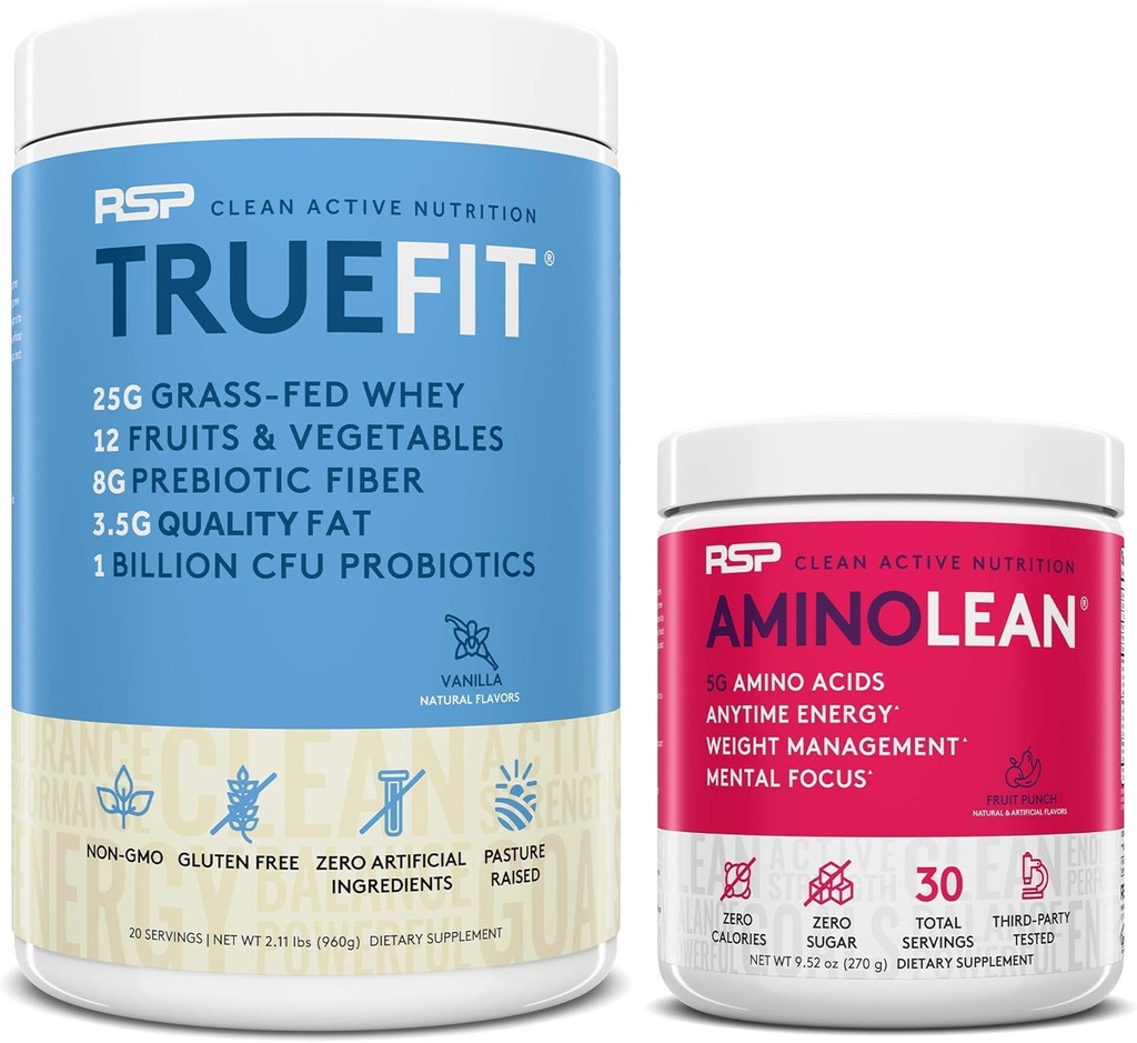 RSP NUTRITION AminoLean Énergie de préentraînement (Fruit Punch 30 portions) avec poudre de protéines TrueFit (Vanilla 2 LB)