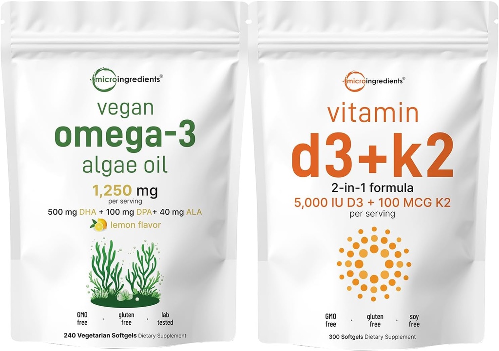 Micro-ingrédients Vitamine D3 5 000iu + K2 100mcg Softgels & Vegan Omega 3 Supplément à l'huile d'algues Bundle 2 Pack