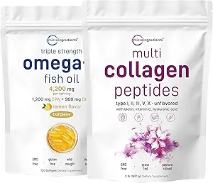 Micro-ingrédients Multi Collagène Protéines Poudre 2 Pounds & Omega-3 Huile de poisson 4 200 mg Softgels Bundle 2 Pack