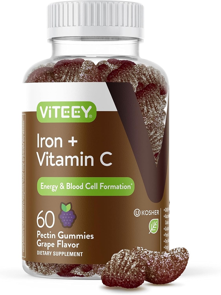 Gummies de fer Viteey - Fer à la vitamine C - Supplément énergie, soutien de bottes et anémie pour les femmes et les hommes - Vegan, sans gluten - 60 Compte