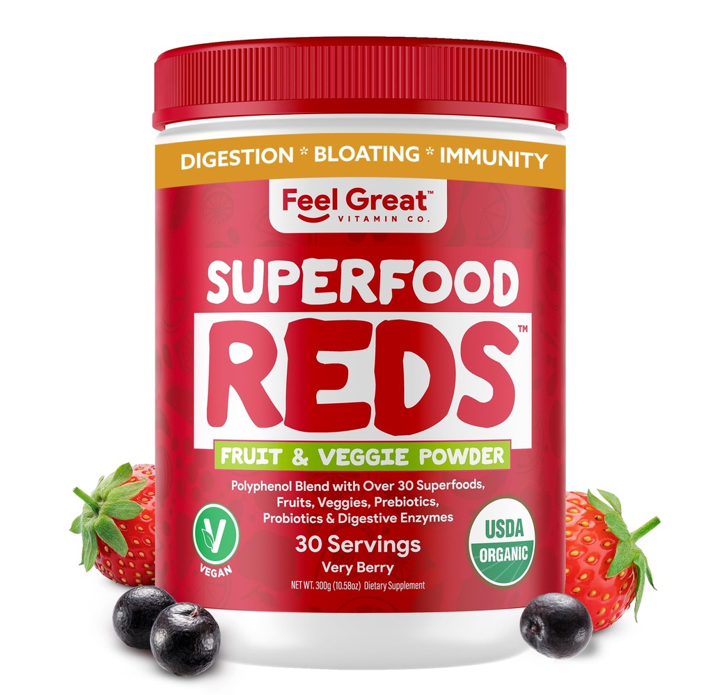 ​Feel Great Organic Superfood Reds Powder Packed with Beet Root Powder | Digestive Support Including Bloating Relief | Fruit and Veggie Polyphenols Supplement.
