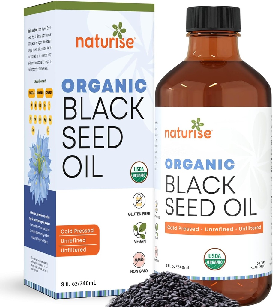 Huile de graines noires organiques (Nigella Sativa, Cumin Seed) Cold Pressed Non-OGM, 8 oz bouteille de verre source d'acides gras essentiels, Oméga 3 6 9'