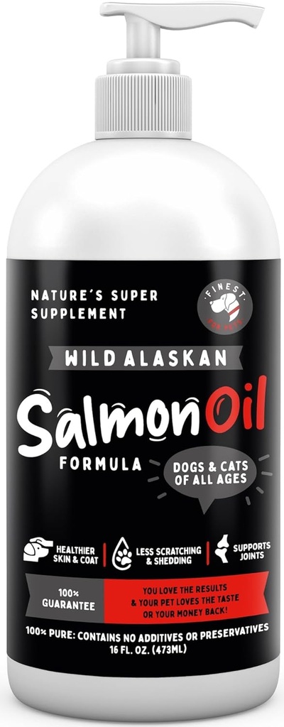 Huile de saumon sauvage d'Alaska pour chiens et chats - Omega 3 Huile de poisson avec du Pollock et du saumon pour la peau sensible et la santé du manteau. EPA & DHA Ease Démangeaisons, soutient la santé articulaire, immunitaire et cardiaque (16oz)