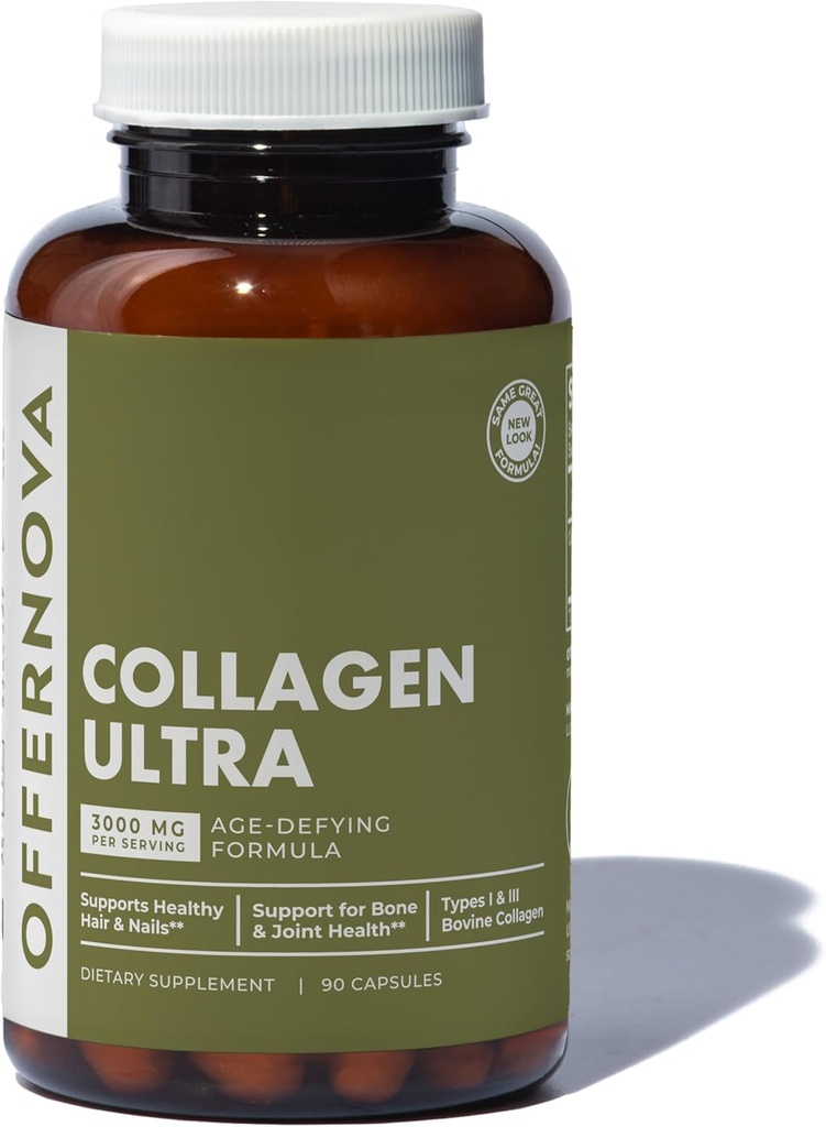 Offernova Collagen Ultra Hydrolyzed Collagen Suppléments - 3000mg Anti-vieillissement Collagen Peptides pour articulations saines, os, cheveux et peau. Pastilla de Colageno Hidrolizado, 90 Capsules