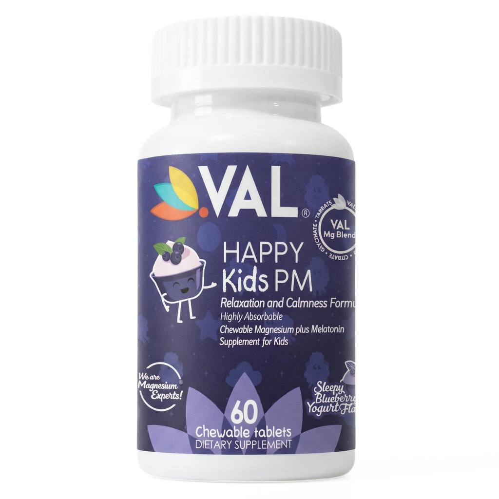 VAL Happy Kids Soutien au sommeil pour les enfants avec du magnésium, de la mélatonine, de la vitamine B6 et du sucre sans sucre à croquer.