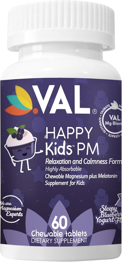 VAL Happy Kids Soutien au sommeil pour les enfants avec du magnésium, de la mélatonine, de la vitamine B6 et du sucre sans sucre à croquer.