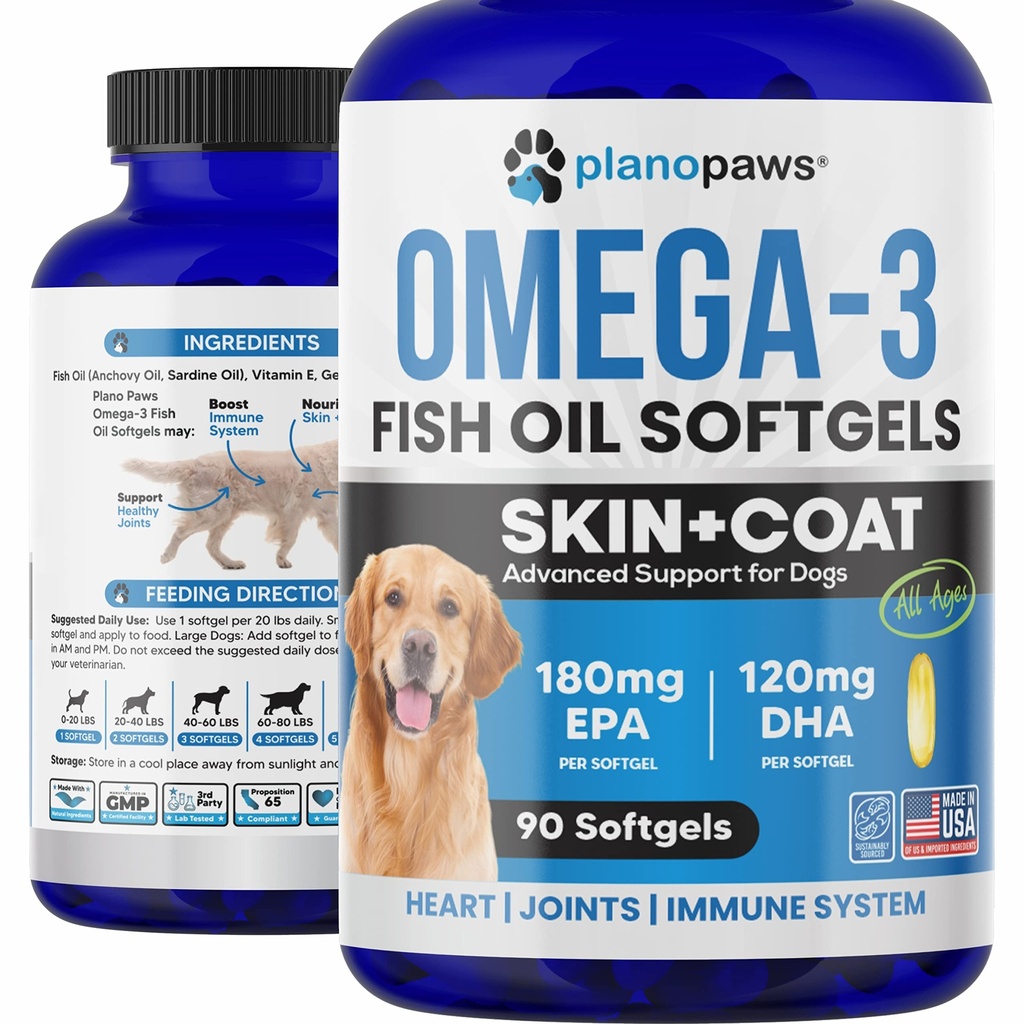 Omega 3 Huile de poisson pour chiens - Huile de saumon pour chiens - Supplément d'huile de poisson pour chiens peut aider Shedding, Allergie, Démangeaison - Supporte la peau sèche, les articulations - Supplément de peau de chien et de manteau - 90 pilules d'huile de poisson EPA DHA