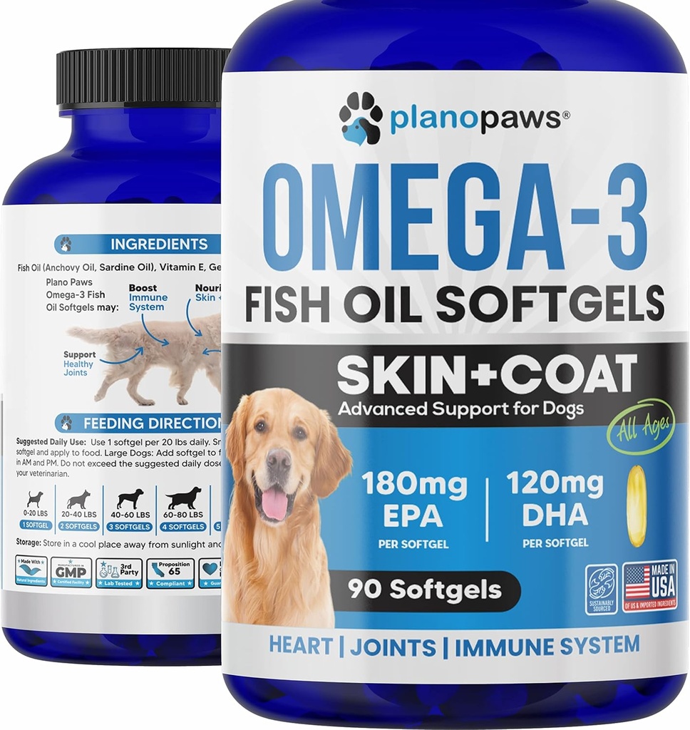 Omega 3 Huile de poisson pour chiens - Huile de saumon pour chiens - Supplément d'huile de poisson pour chiens peut aider Shedding, Allergie, Démangeaison - Supporte la peau sèche, les articulations - Supplément de peau de chien et de manteau - 90 pilules d'huile de poisson EPA DHA