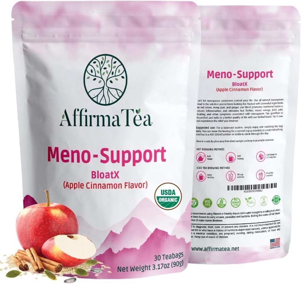 Méno-support BloatX Organic Ménopause Relief: Balances & Supports Flashs chauds, Hormones, Moods Swings, Sweats de nuit, & Bloating W/Black Cohosh, Red Clover & Dong Quai. Saveur de pomme-cannelle naturelle.
