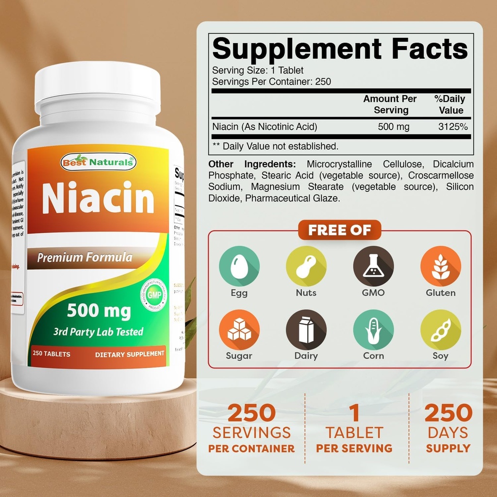 Meilleures naturelles Niacine 500mg 250 comprimés avec flushing - également appelé vitamine B3 (250 comte (paquet de 2))