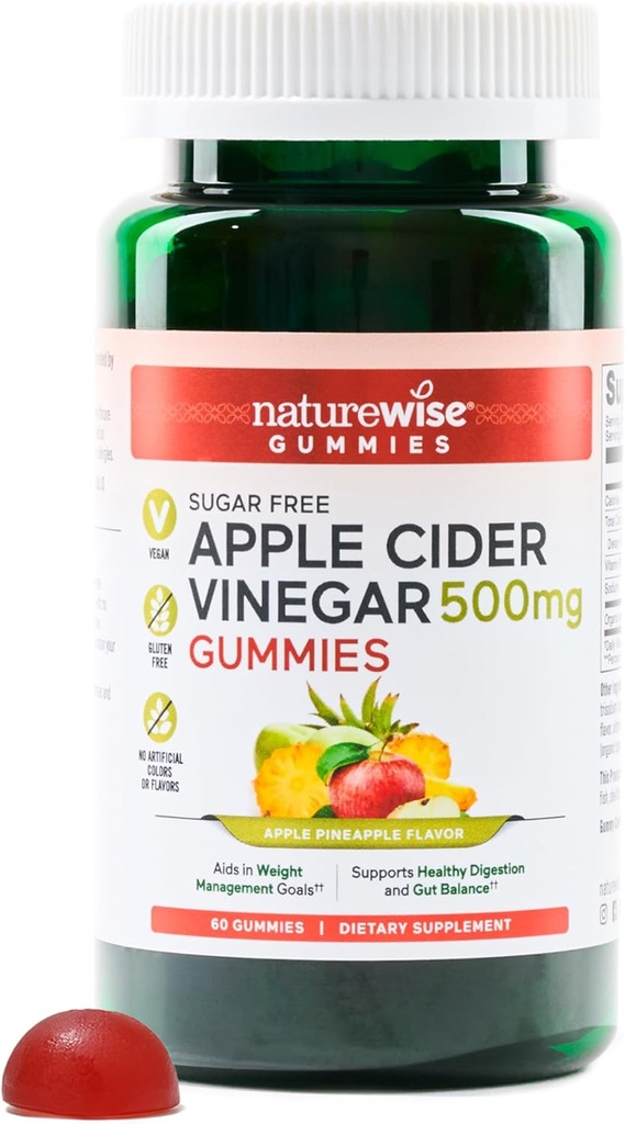 NatureWise vinaigre de cidre de pomme Gommies de kéto - 1000mg de vinaigre de cidre de pomme par 2, sans sucre, végétalien - énergie et santé de la gueule - Gommies de vinaigre de cidre de pomme W/vitamine B12-60 Gommies[1-Mois d'approvisionnement pour 1000mg / 2-Mois d'approvisionnement pour 500mg]