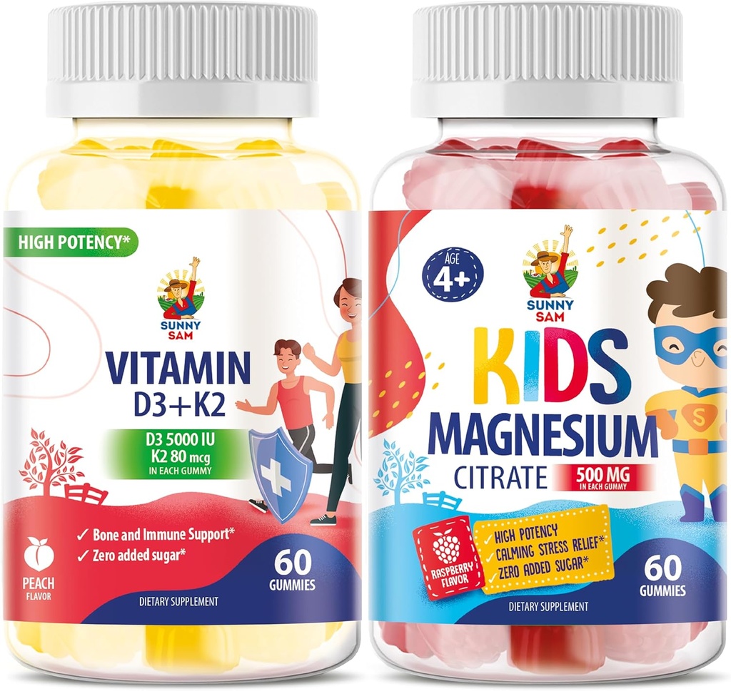 Gommies de magnésium pour enfants et vitamines D3 K2 Gommies 5000 UI - Soutien immunitaire et os - Supplément de vitamine D sans sucre - Gommies à haute absorption, végétaliens, sans gluten pour adultes