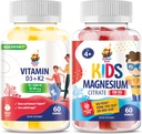 Gommies de magnésium pour enfants et vitamines D3 K2 Gommies 5000 UI - Soutien immunitaire et os - Supplément de vitamine D sans sucre - Gommies à haute absorption, végétaliens, sans gluten pour adultes