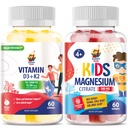 Gommies de magnésium pour enfants et vitamines D3 K2 Gommies 5000 UI - Soutien immunitaire et os - Supplément de vitamine D sans sucre - Gommies à haute absorption, végétaliens, sans gluten pour adultes