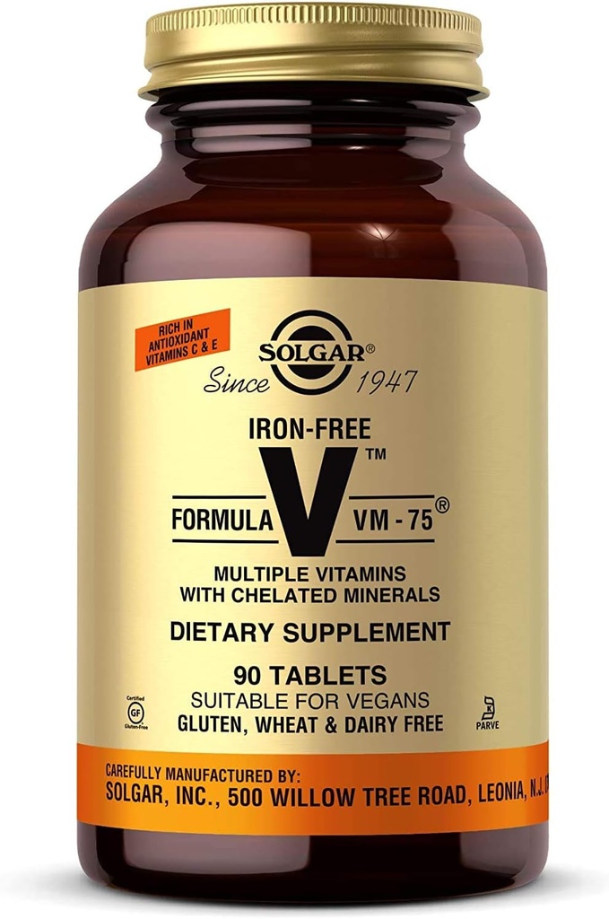 Solgar formule sans fer VM-75, 90 comprimés - Multivitamine avec des minéraux chélatés - Vitamine A, B6, B12, C, D, E - Biotine, Magnésium, Calcium, Zinc - Vegan, Gluten et Sans produits laitiers, Casher - 90 portions