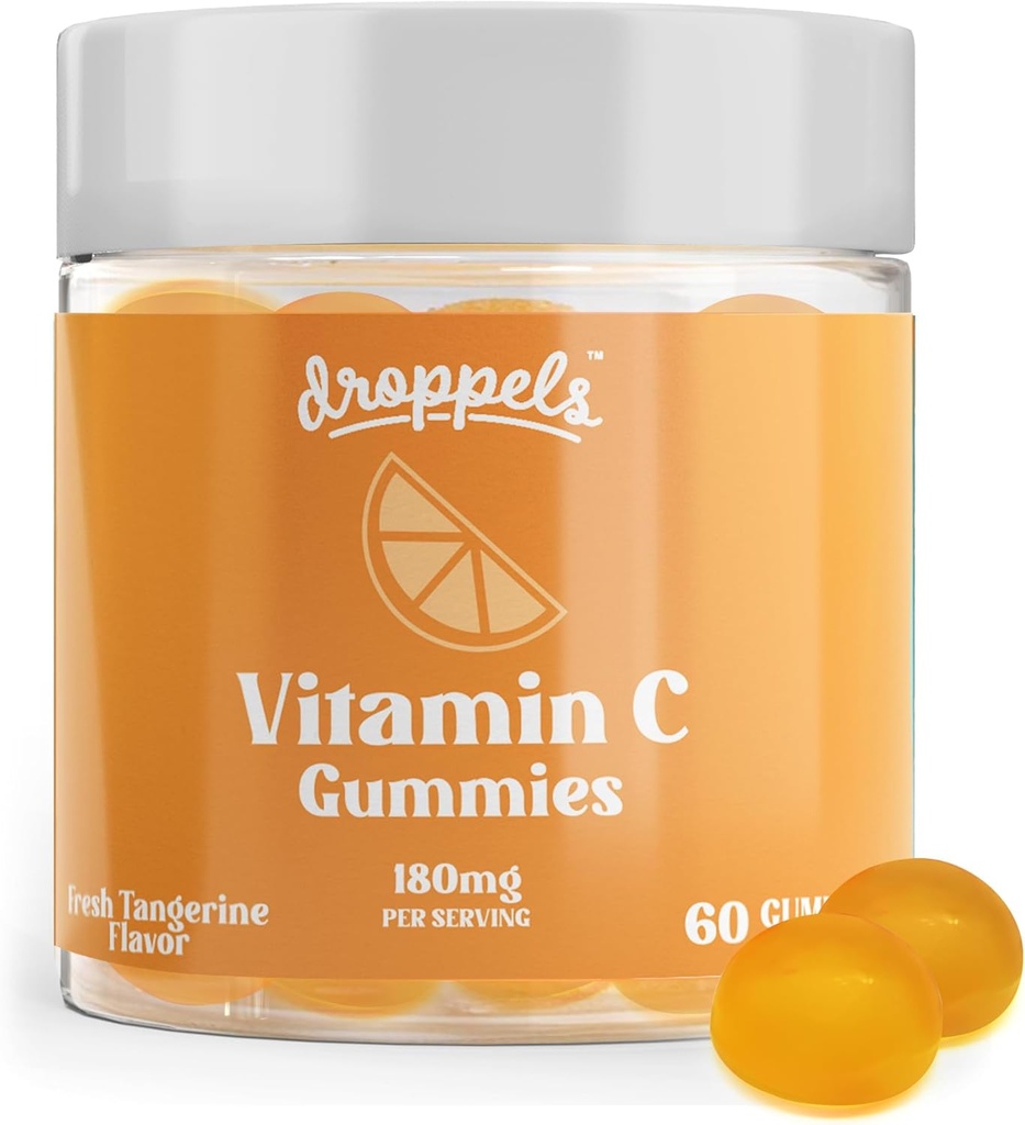 Droppels Vitamine C Gummies, 180mg – Vegan, Pectine Plant-Based Immune Support Booster Supplément – Tangerine Flavor, 60 Compte (1-Mois)