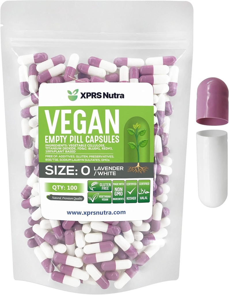 XPRS Nutra Taille 0 Capsules vides - 100 Compte Capsules vides de végétalien - Pilules végétariennes Bricolage Gélule végétale Remplissage - Bouchons de pilules pour les suppléments Do-It-Youlf (Lavande/Blanc)