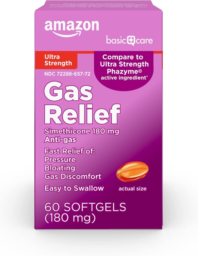 Amazon Basic Care Gas Relief, Ultra Strength Gas et Bloating Relief pour les adultes, 180 mg Siméthicone Fast Gels, 48 Compte