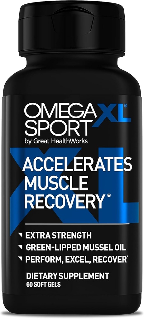 OmegaXL Sport Supplément de récupération musculaire extra-forte et supplément de soutien respiratoire - Améliore DOMS et ROM, Huile de moules de couleur verte (60 Softgels)