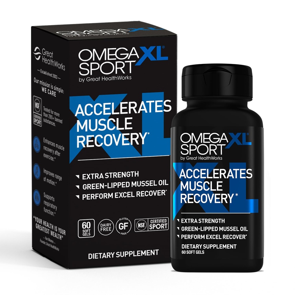 OmegaXL Sport Supplément de récupération musculaire extra-forte et supplément de soutien respiratoire - Améliore DOMS et ROM, Huile de moules de couleur verte (60 Softgels)