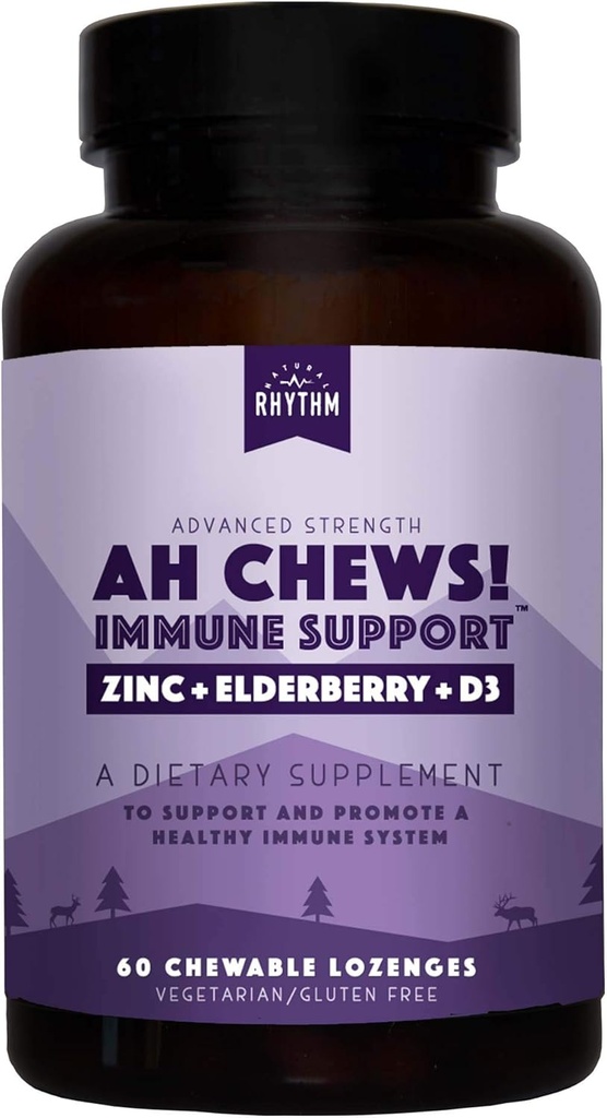 Natural Rhythm Ah Chews! Immune Booster Lozenges for Kids and Adults, No Added Sugar, with Elderberry, Zinc & Vitamin D3, 60 Capsules
