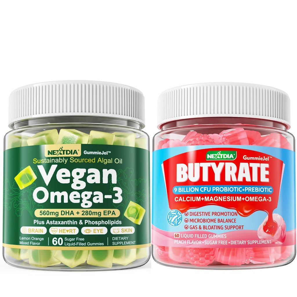 Oméga végétalien 3 Gommies + Gommies Butyrate Sans sucre