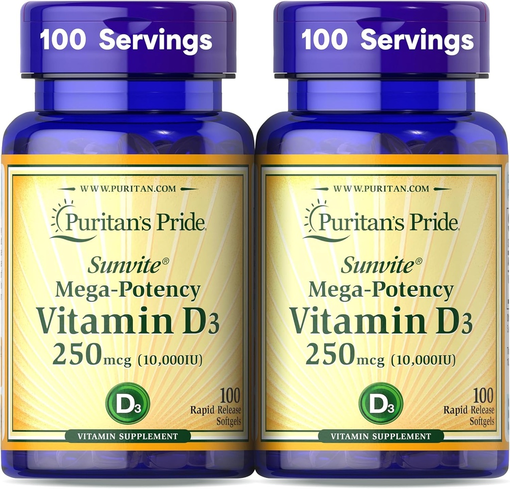 Puritan's Pride Premium SunviteTM Mega-Potency Vitamine D3 10 000 UI, supplément alimentaire pour les os sains, les dents et le système immunitaire, 100 softgels à libération rapide