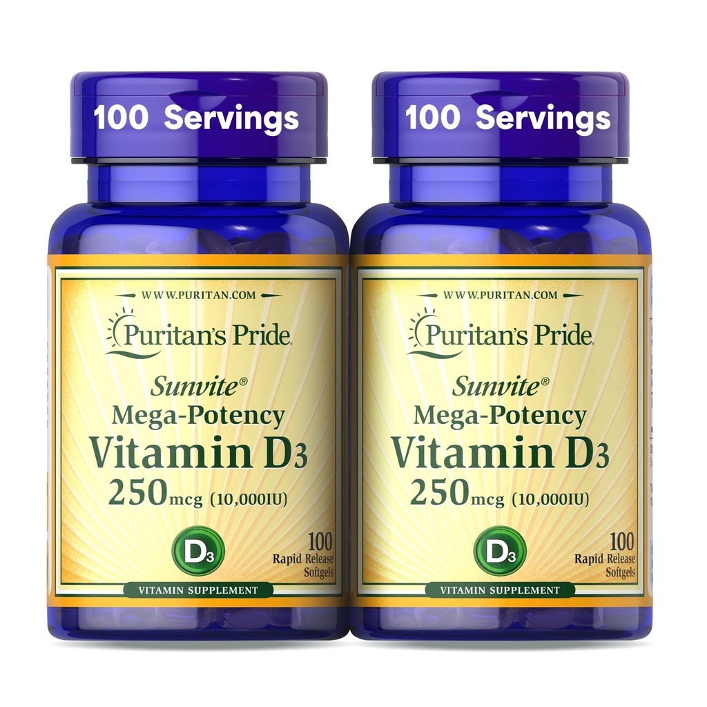Puritan's Pride Premium SunviteTM Mega-Potency Vitamine D3 10 000 UI, supplément alimentaire pour les os sains, les dents et le système immunitaire, 100 softgels à libération rapide