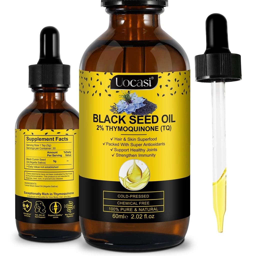 Uocasi huile de graine noire, pressée à froid, 100% pure et naturelle, croissance des cheveux et soins de la peau, 2,02 Fl Oz