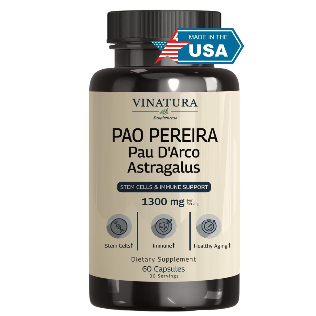 VINATURA Pao Pereira + PAU D'Arco, Astragalus - 1300MG Service, USA Fabriqué et testé, Cellules souches et support immunitaire, 60 Capsules