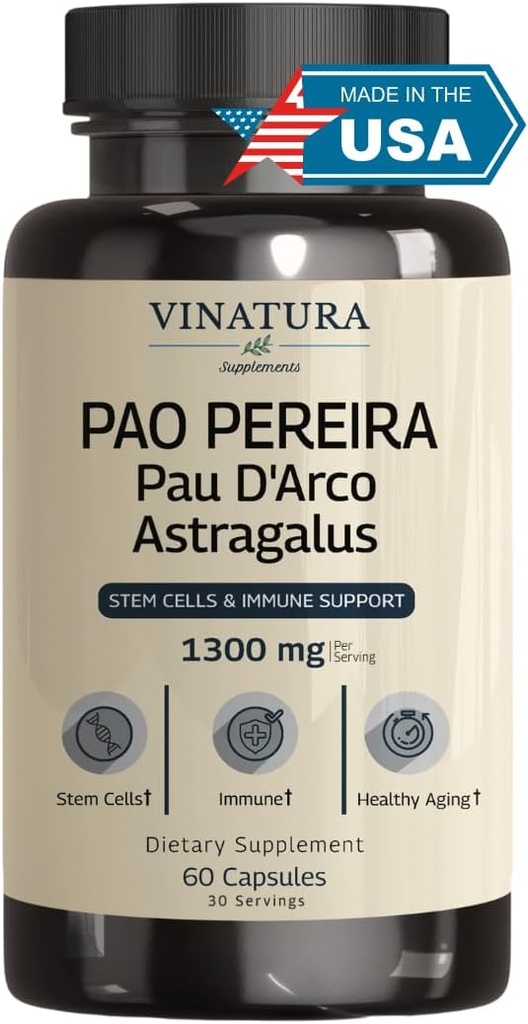 VINATURA Pao Pereira + PAU D'Arco, Astragalus - 1300MG Service, USA Fabriqué et testé, Cellules souches et support immunitaire, 60 Capsules