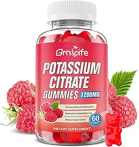 Potassium Citrate Gummies, High Potassium Supplement Gummies 1200mg Support Leg Cramps & Muscle Health, Potassium Gummies for Adults & Kids, Vegan, Raspberry Flavor 60 Count