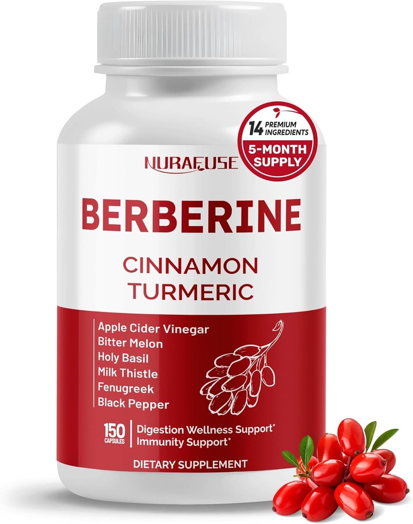 Supplément Berberine 14-en-1 avec Ceylan Cinnamon Cider Vinegar Turmeric Bitter Melon Saint Basilic Lait Thistle Fenugreek Gymnema Banaba - Fabriqué aux États-Unis