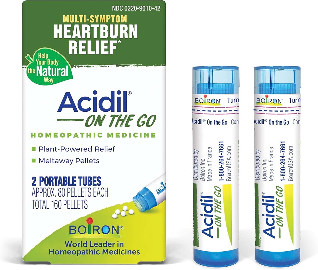Acidil de Boiron en route essentiel pour soulager le reflux acide, les brûlures d'estomac, l'indigestion, le gonflement et l'estomac relevé - 2 comtes (160 Pellets)