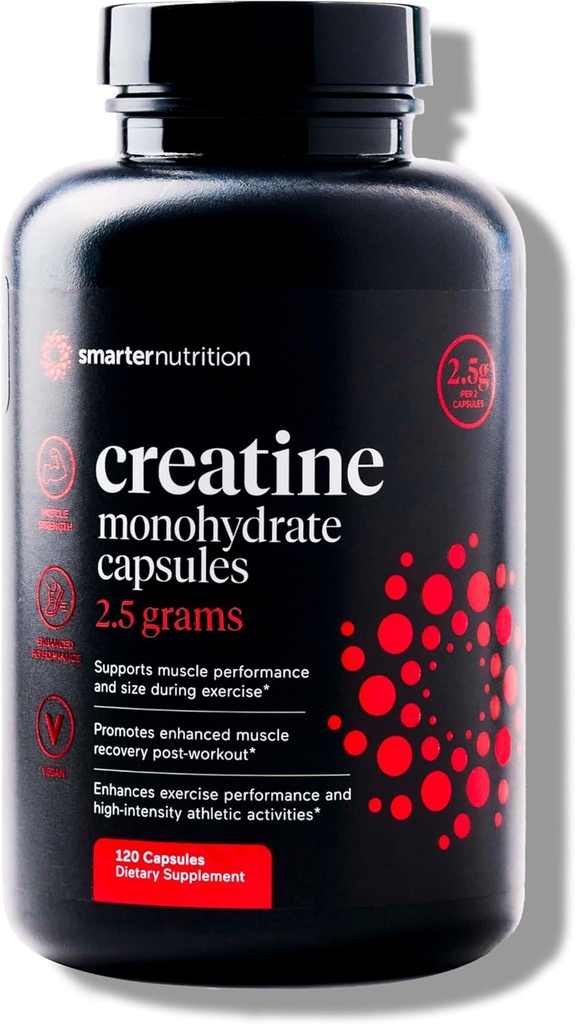 SMARTERNUTRITION Pilules monohydratées de créatine de 2500mg (2.5g) par portion, capsules véganes - Soutien de récupération avant et après l'entraînement, favorise la masse musculaire &. Endurance - 120 comtes[60 jours]